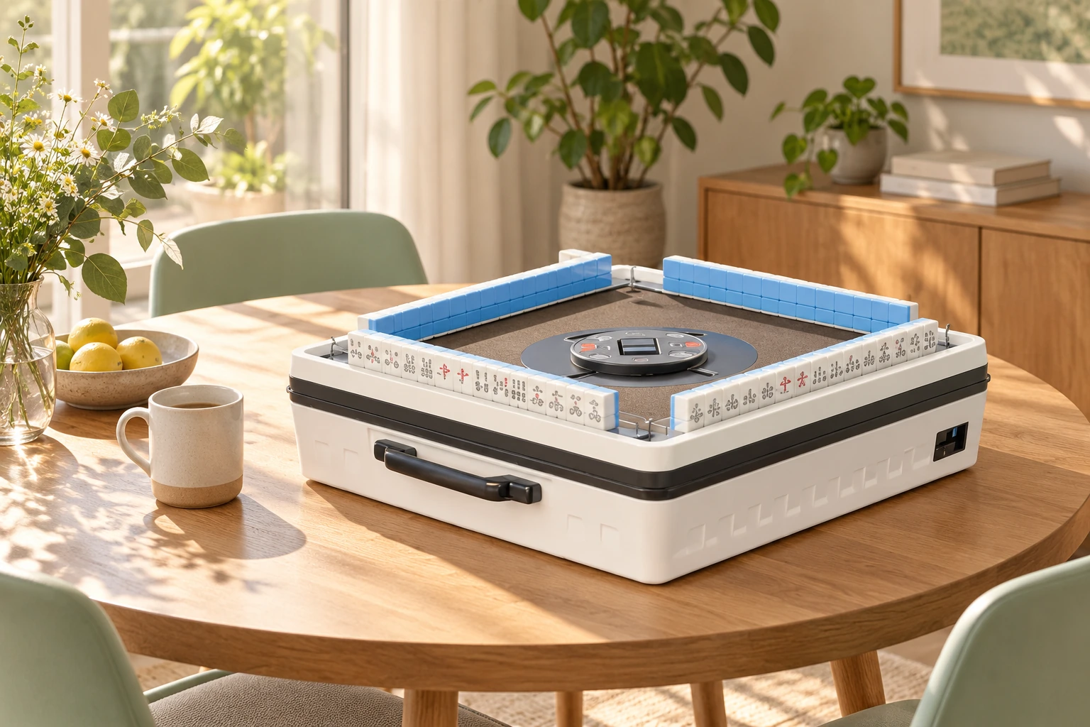 White portable mahjong machine on a wood table in a warm, sunlit home