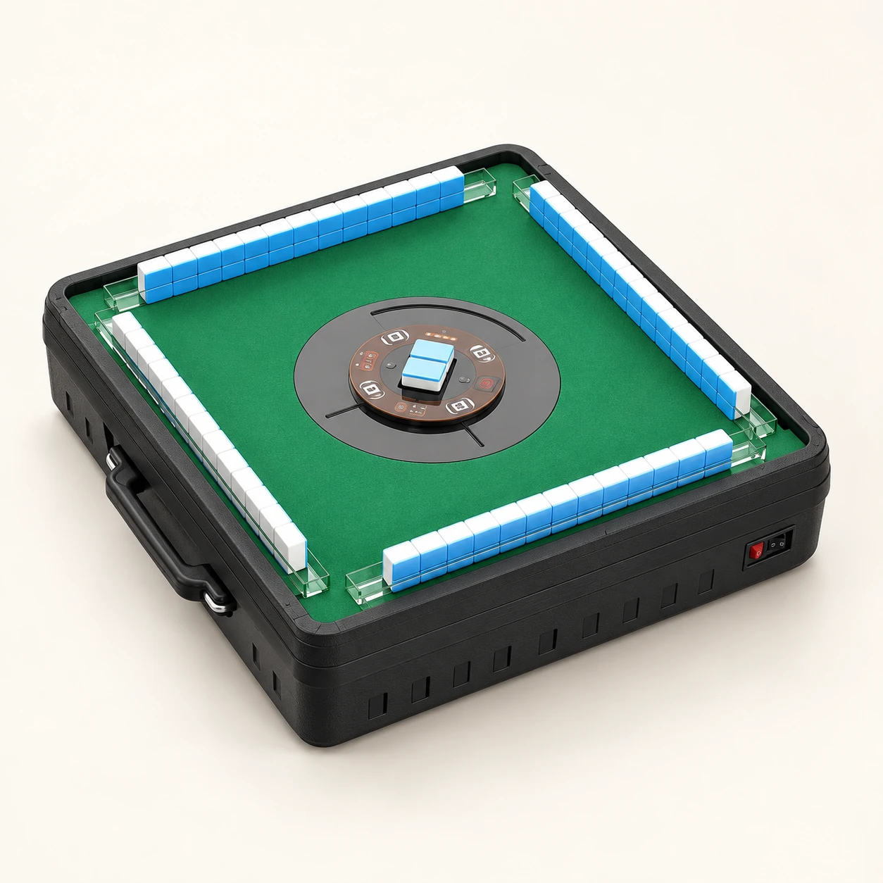 Black portable automatic mahjong machine, open tabletop view